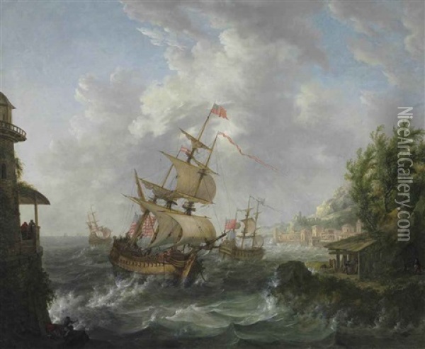 Seascape With American, British And Dutch Frigates Oil Painting - Johann Caspar Huber
