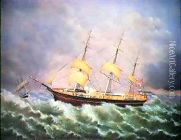 The Sarah E. Petigrew (three Masted Schooner) Oil Painting - Robert W. Foster
