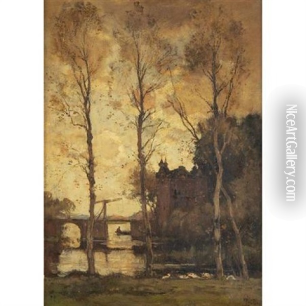 Boater Beside A Drawbridge At Sunset Oil Painting - Theophile De Bock