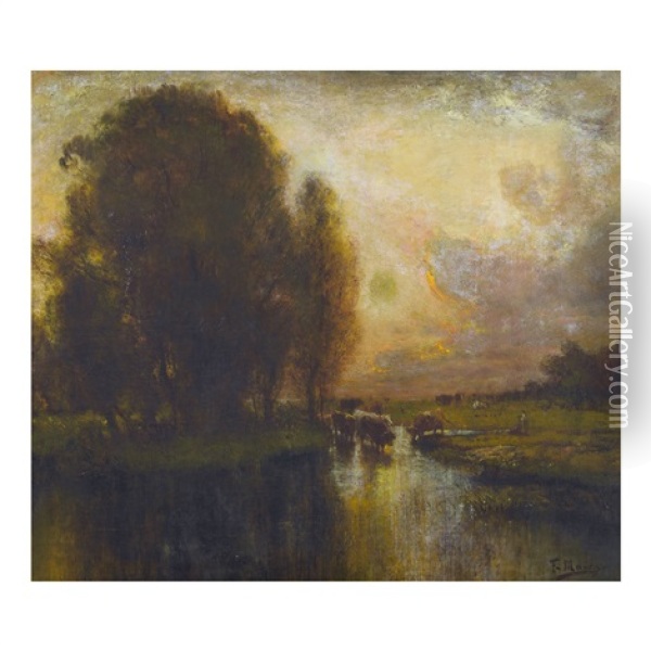Auenlandschaft Im Abendrot Mit Kuhherde Oil Painting - Francois Maury