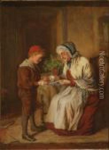 Mending The Violin; Winding 
Wool; Interior Studies Of Grandparents And Their Grandchildren Oil Painting - Robert W. Wright