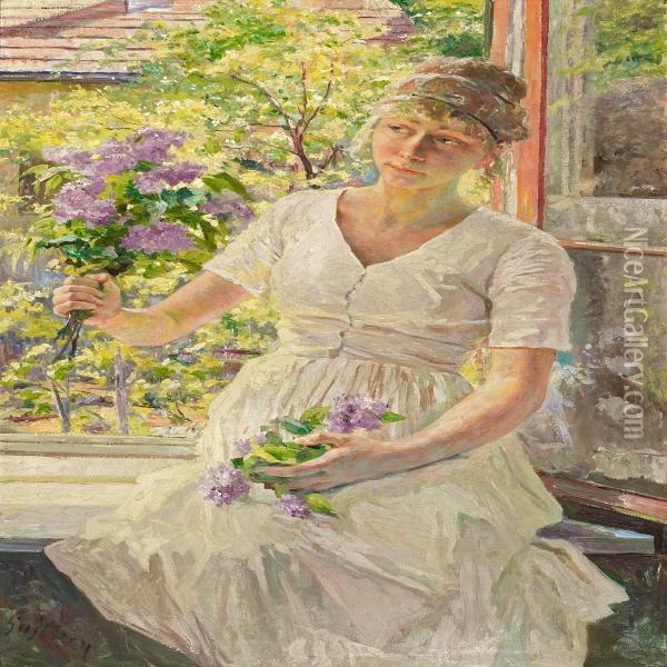 Young Girlwith Lilacs Sitting On The Windowsill Oil Painting - Franz Paul Guillery
