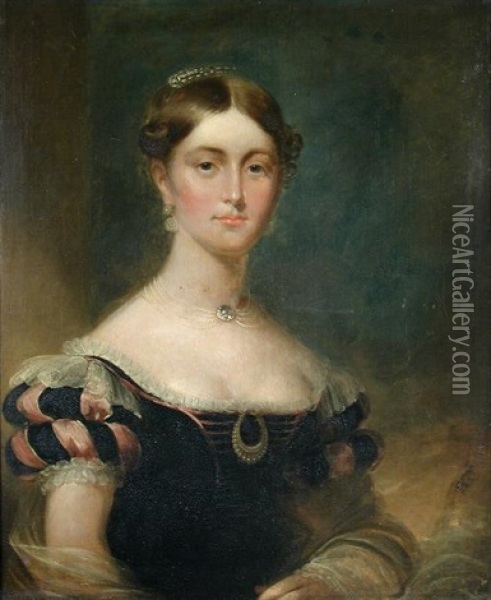 Portrait Of A Lady, Wearing Pearls And A Crescent-shaped Diamond Brooch Oil Painting - James Green
