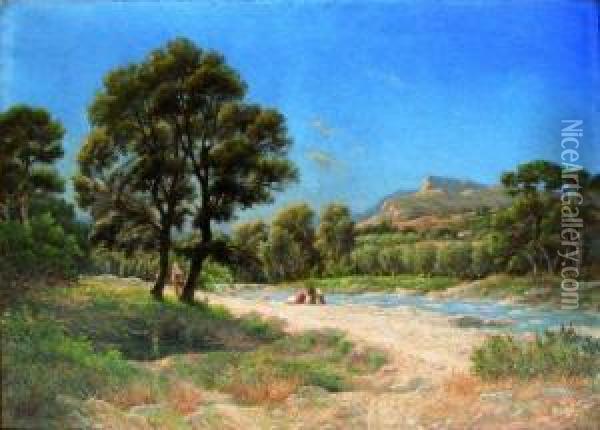 Lavandieres En Provence. Oil Painting - Henri Laurent Mouren
