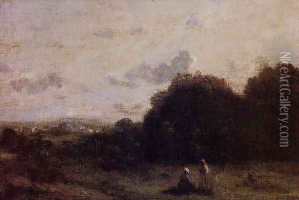 Fields with a Village on the Horizon, Two Figures in the Foreground Oil Painting - Jean-Baptiste-Camille Corot