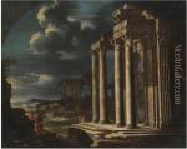 An Architectural Capriccio Of Roman Ruins With Figuresconversing Oil Painting - Giovanni Ghisolfi