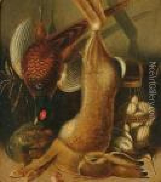 A Hare And Pheasant Hanging, 
With A Snipe, Partridge And Eggs In A Basket Below; Along With Another 
Still Life By The Same Hand Oil Painting - Benjamin Blake