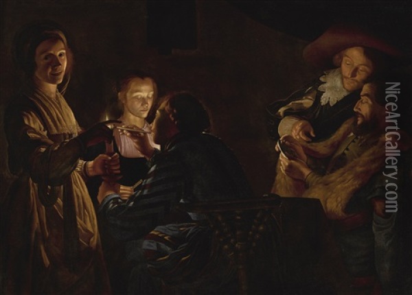 Card Players By Candlelight Oil Painting - Adam de Coster