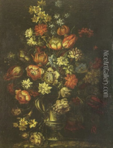 A Still Life With Roses, Tulips, Carnations And Other Flowers In An Urn Oil Painting - Bartolome Perez