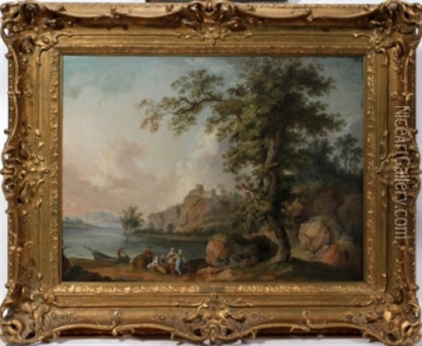 River Scene Oil Painting - Jean-Baptiste Martin the Elder