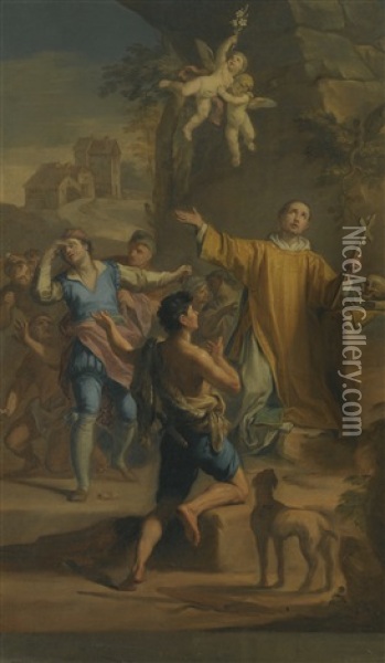 An Outdoor Scene With A Saint In Ecstatic Rapture, Surrounded By Devotees Oil Painting - Jacopo Alessandro Calvi