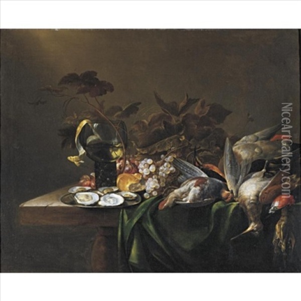 Still Life With Game Birds, A Plate Of Oysters, And Grapes, All Resting On A Draped Table Oil Painting - Michiel Simons