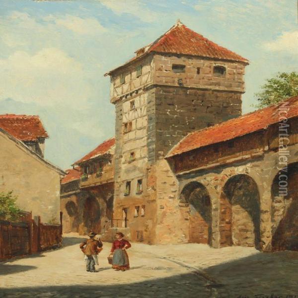 Cityscape From Nurnberg With Couple By Town Wall Oil Painting - August Fischer