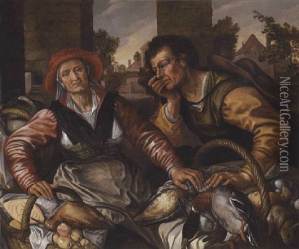 Bauerliches Paar Mit Geflugel- Und Obstkorbe, Im Hintergrund Dorfansicht Oil Painting - Joachim Beuckelaer
