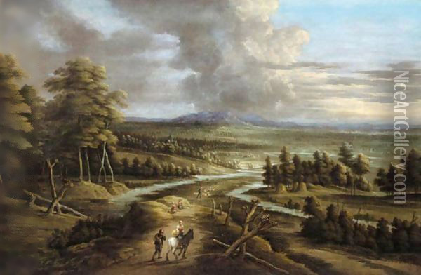 An Extensive River Landscape With Figures On A Road Oil Painting - Lucas Van Uden
