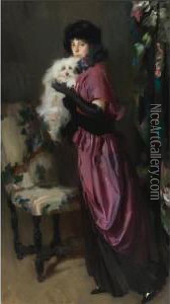 Elegant Woman With Her Dog Oil Painting - Ambrogio Antonio Alciati