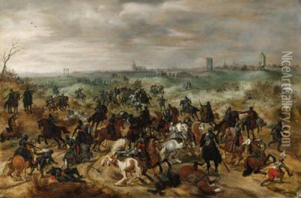 The Battle Between Officers 
Braut And Gerard Abrahamsz., Calledlekkerbeetje, At Vught, 5 February 
1600 Oil Painting - Sebastien Vrancx