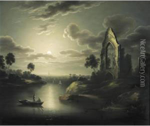A Moonlit River With Ruin Oil Painting - Sebastian Pether