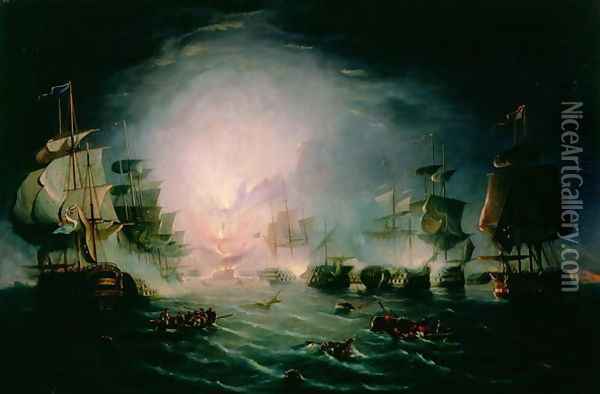 The Blowing up of the French Commanders Ship LOrient at the Battle of the Nile, 1798 Oil Painting - John Thomas Serres