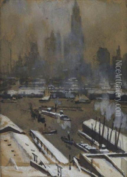 Lower Manhattan From Brooklyn Oil Painting - Joseph Pennell