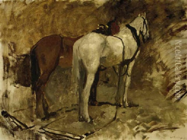 Paardstudie L: Working Horses At Rest Oil Painting - George Hendrik Breitner