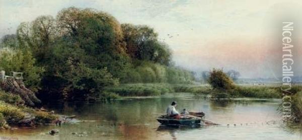 A River Landscape At Dusk With Young Anglers Dragging In Their Nets Oil Painting - William W. Gosling
