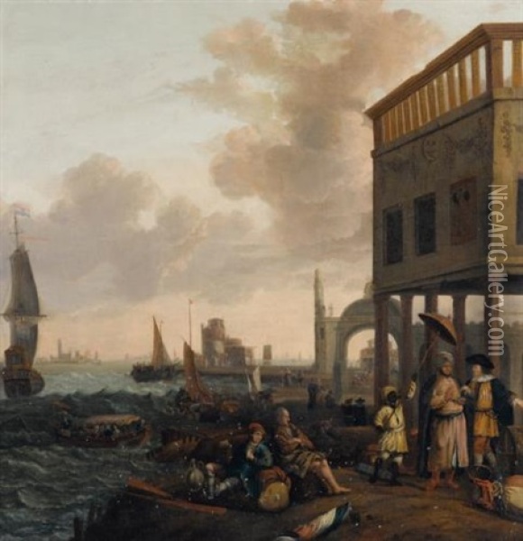 A Mediterranean Harbour View With Figures Oil Painting - Hendrik Johannes