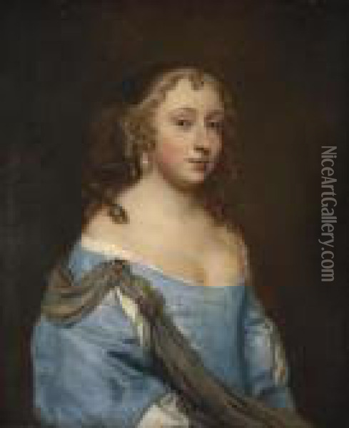 Portrait Of A Lady, Half-length, In A Blue Dress And Pearlearrings Oil Painting - Sir Peter Lely