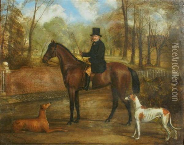 Portrait Of A Gentleman Saddled 
On Bay Hunter With Greyhounds Alongside In A Country Setting Oil Painting - John Snr Ferneley
