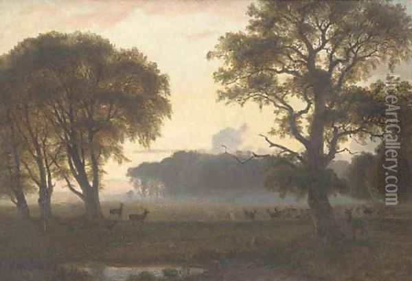 Deer grazing in a park at dusk Oil Painting - Nordahl Grove
