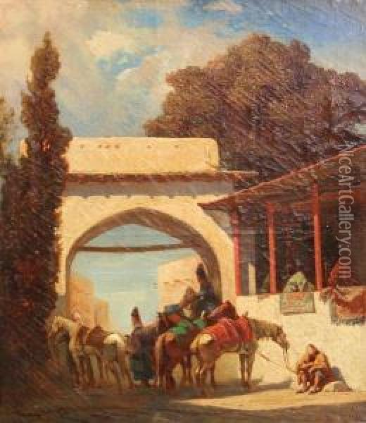 An Arab Gateway With Horses And Figures Oil Painting - Alberto Pasini