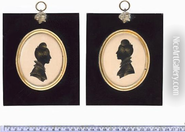 A Pair Of Silhouettes Of Ladies, Probably Sisters, Both Wearing Dresses With Falling Frilled Collars And High Frilled Collars, Their Hair Worn In Apollo Knots And Held With Combs Oil Painting - Jeffreson