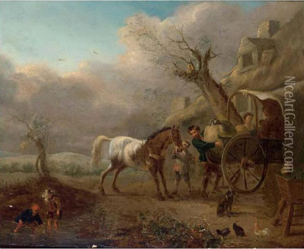 A Landscape With Travellers Unloading Their Wagon Near A Barn Oil Painting - Pieter Wouwermans or Wouwerman