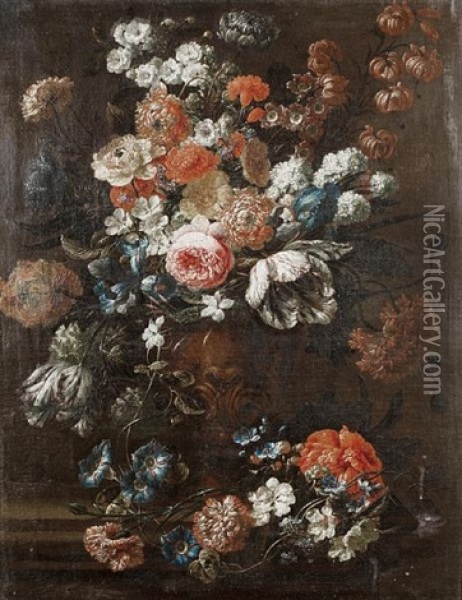 A Still Life Of Roses, Tulips, Convolvulus And Other Flowers In A Moulded Bronze Vase On A Stone Ledge Oil Painting - Jan-Baptiste Bosschaert