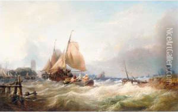 Bringing In The Lobster Pots In Heavy Seas Oil Painting - Thomas Sewell Robins