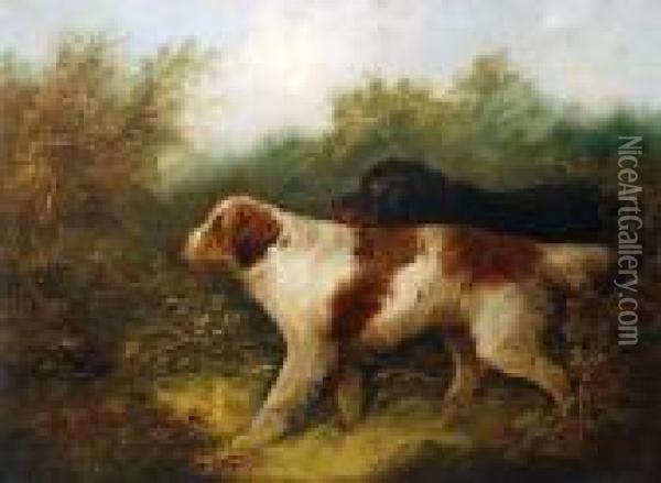 Two English Setters In A Landscape Oil Painting - George Armfield