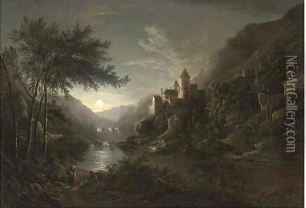 Figures beside a moonlit river with a castle on a hillside Oil Painting - Abraham Pether