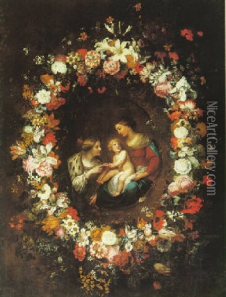 The Marriage Of Saint Catherine, Surrounded By An Oval Garland Of Flowers Oil Painting - Jan Peeter Brueghel