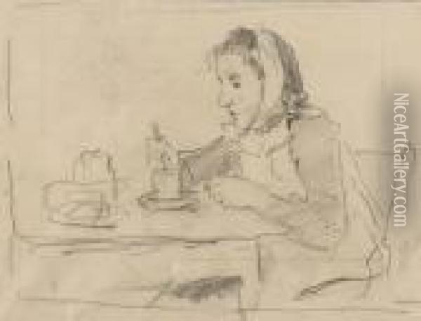 Am Tisch Sitzendes Madchen Mit Tasse Oil Painting - Albert Anker