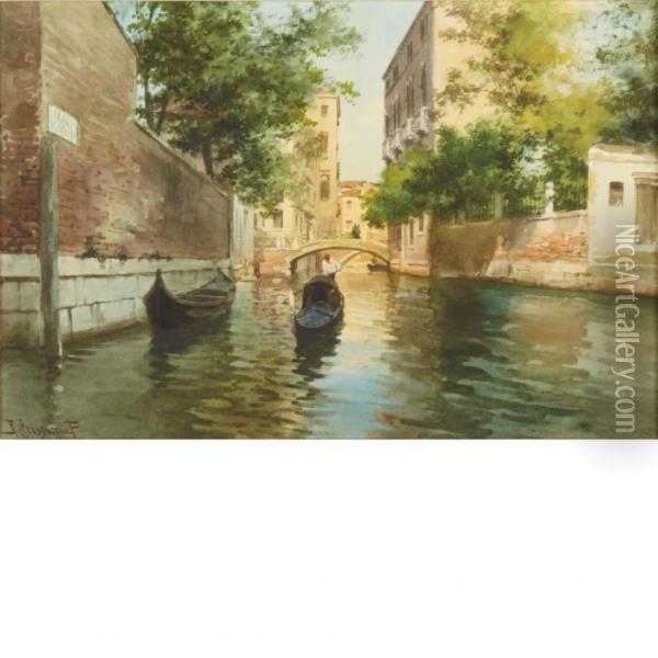 Gondolier In A Shady Venetian Canal Oil Painting - Alberto Prosdocimi