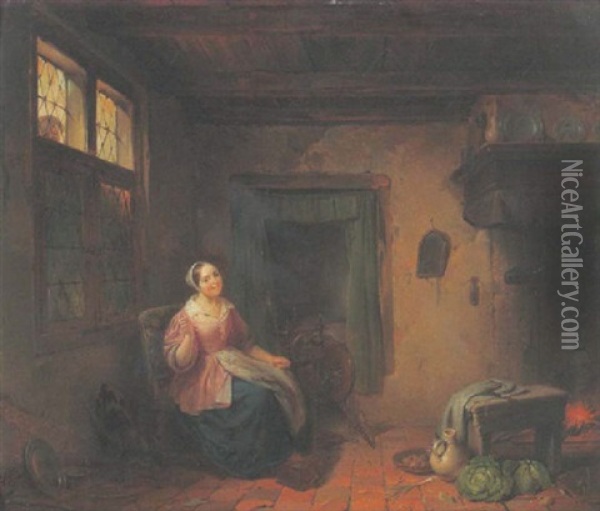 Junge Frau Am Spinnrad, Durchs Fenster Beobachtet Von Einem Buben Oil Painting - Robert van Eysden