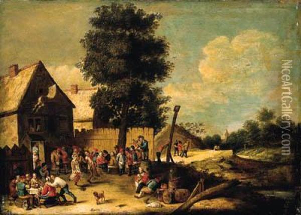 A Peasant Couple Dancing To The 
Music Of A Bagpiper, Standing On Abarrel, With Other Peasants 
Merrymaking, Ouside An Inn Oil Painting - David The Younger Teniers
