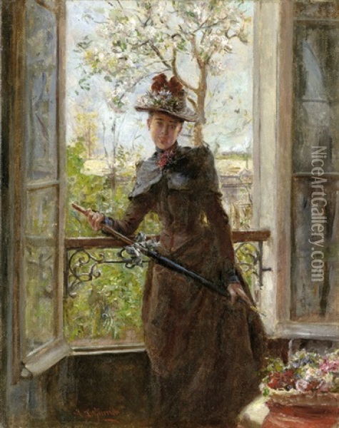 Am Fenster: Junge Frau Mit Parasol Und Blumen Geschmuckten Hut Vor Dem Spaziergang Oil Painting - Eduardo Leon Garrido
