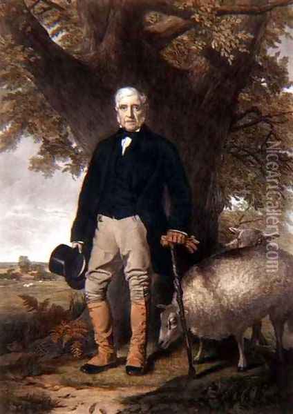 Portrait of Samuel Wiley with prize sheep Oil Painting - William M. Hay
