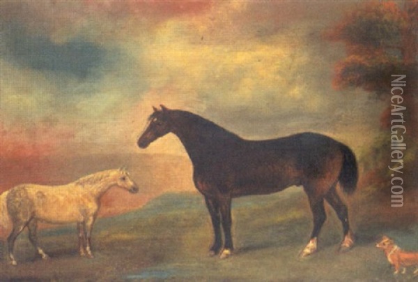 Horses And Dog In A Landscape Oil Painting - James (of Skirling) Howe
