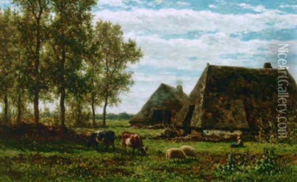 A Summer Landscape With Farms, Drente Oil Painting - Willem Roelofs