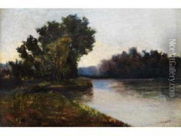 Flusslandschaft Mit Baumen Am Ufer Vor Wolkenhimmel Oil Painting - John Henry Witte