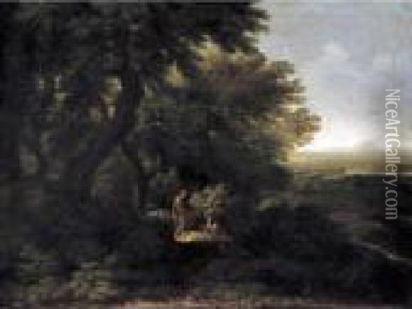 A Wooded Landscape With Two Figures Oil Painting - Gaspard Dughet Poussin
