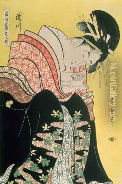 Takigawa from the Tea-House, Ogi Oil Painting - Kitagawa Utamaro