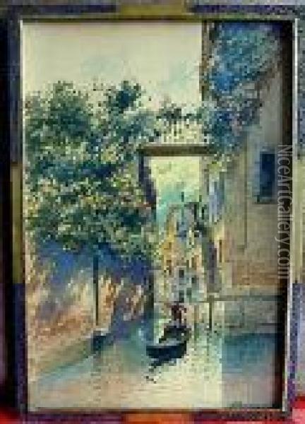 Gondolieron Canal Oil Painting - H. Biondetti